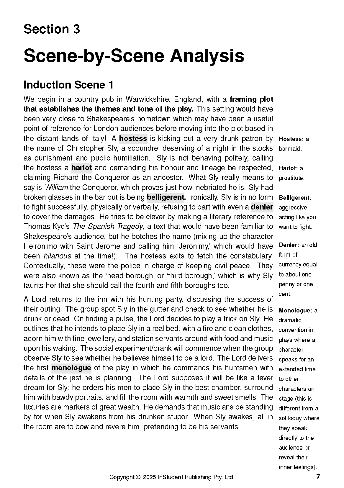 Text guide for The Taming of the Shrew by William Shakespeare, from InStudent Publishing Pty. Ltd., displaying a Scene-by-Scene Analysis page with marginal definitions.