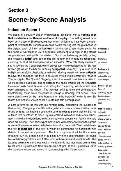 Text guide for The Taming of the Shrew by William Shakespeare, from InStudent Publishing Pty. Ltd., displaying a Scene-by-Scene Analysis page with marginal definitions.