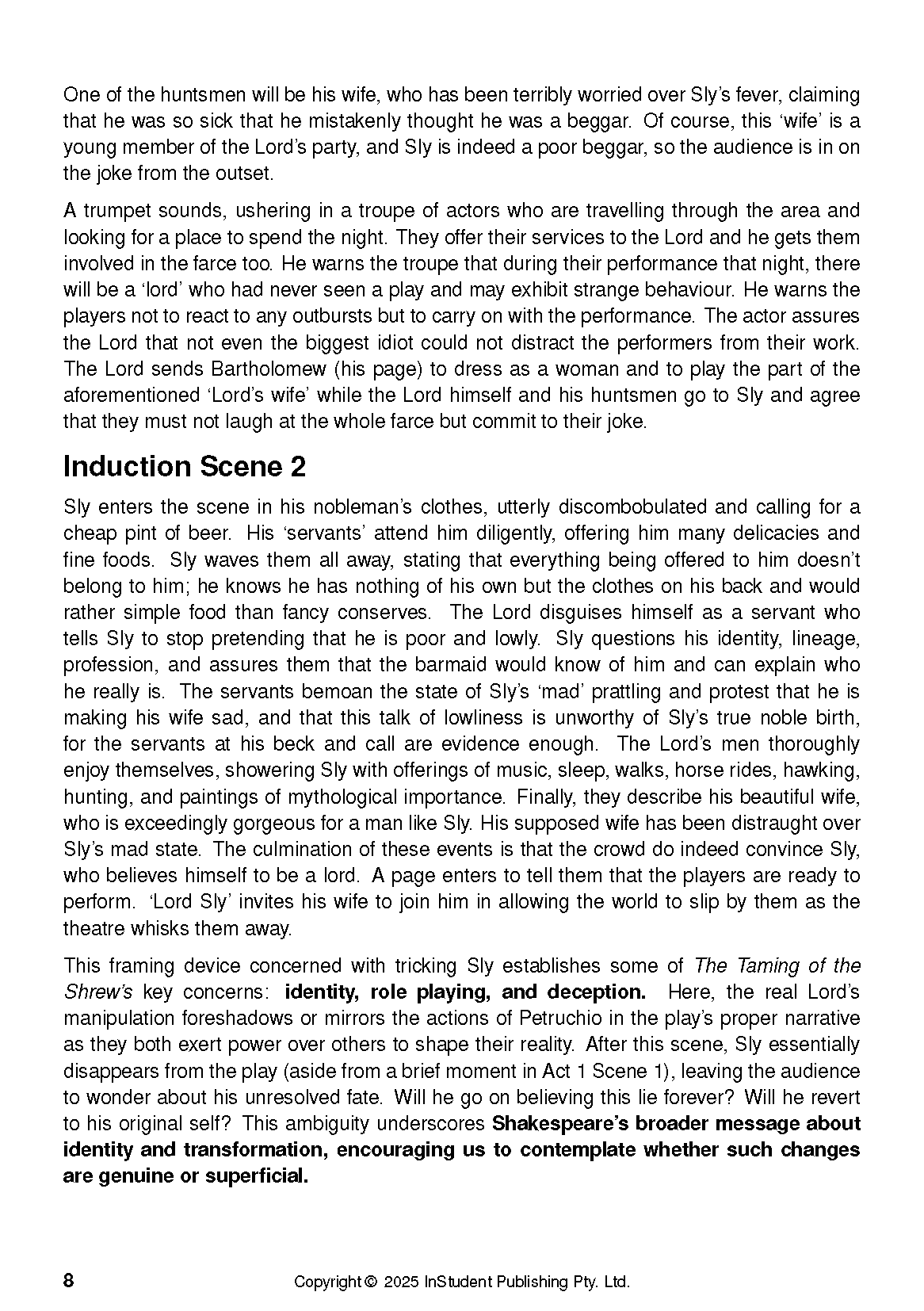 Text guide page by InStudent Publishing, with black text on white background discussing 'Induction Scene 2' of The Taming of the Shrew.