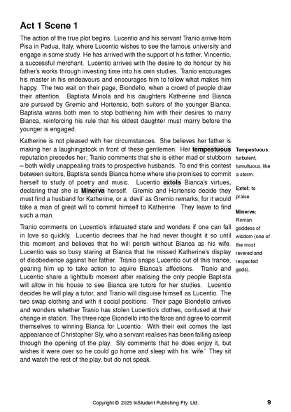 Text guide page for The Taming of the Shrew, featuring Act 1 Scene 1 text, sidebar definitions, and page 9.