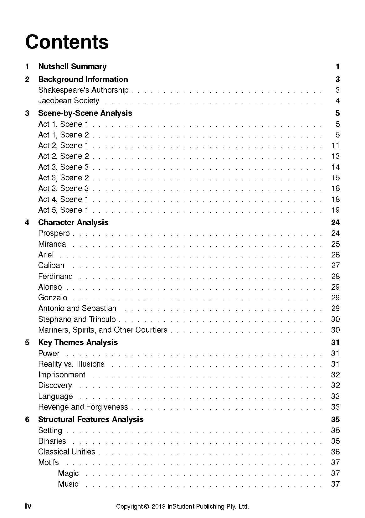 Text guide's detailed table of contents on a white page, featuring black text listing sections like 'Nutshell Summary' and 'Character Analysis' with page numbers.