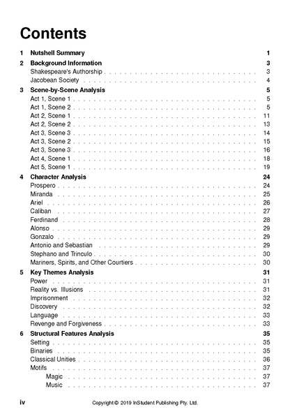 Text guide's detailed table of contents on a white page, featuring black text listing sections like 'Nutshell Summary' and 'Character Analysis' with page numbers.