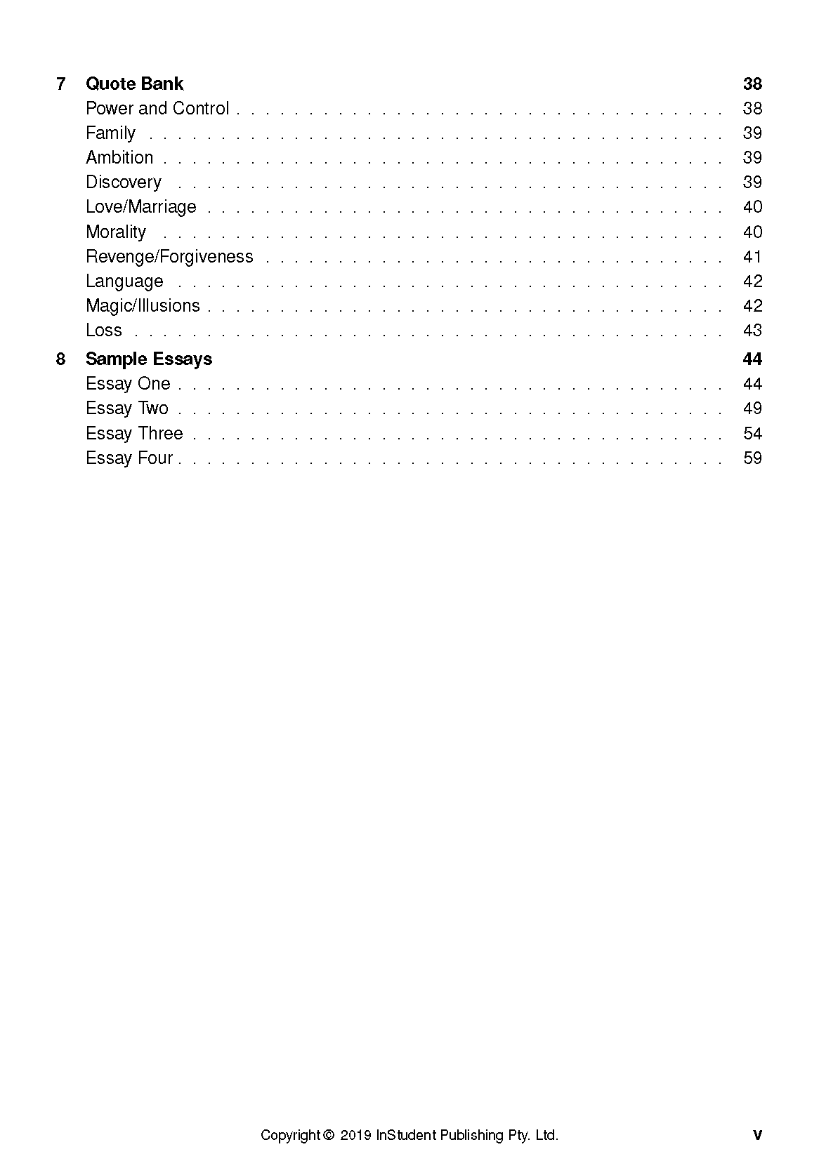 Text Guide displaying a table of contents with sections like Quote Bank and Sample Essays, black text on a white page with page numbers.