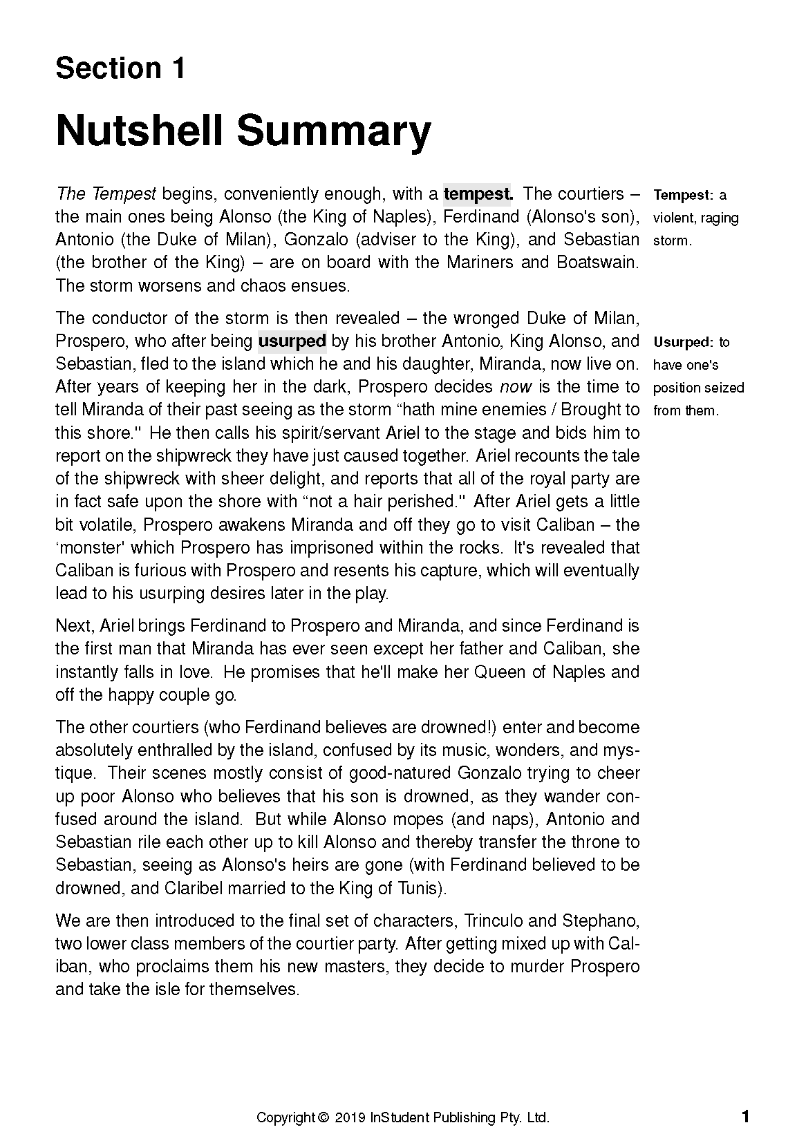 Text guide page for The Tempest by William Shakespeare, displaying a nutshell summary with highlighted terms and definitions.