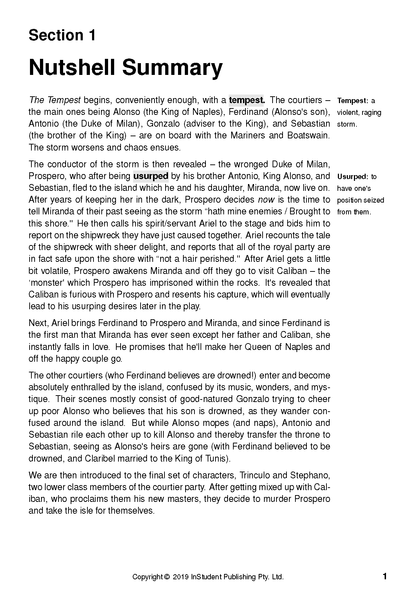 Text guide page for The Tempest by William Shakespeare, displaying a nutshell summary with highlighted terms and definitions.