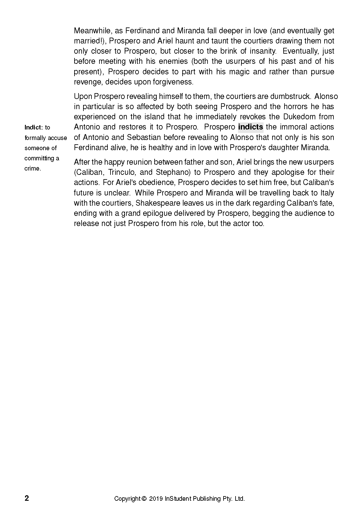 Text Guide for The Tempest, displaying a page with plot summary and an "Indict" definition.