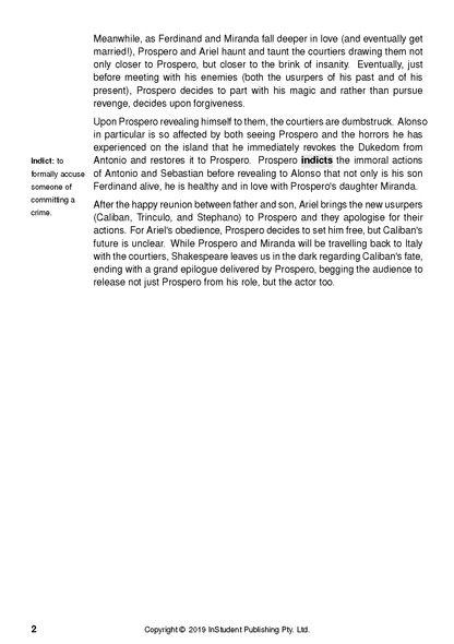 Text Guide for The Tempest, displaying a page with plot summary and an "Indict" definition.