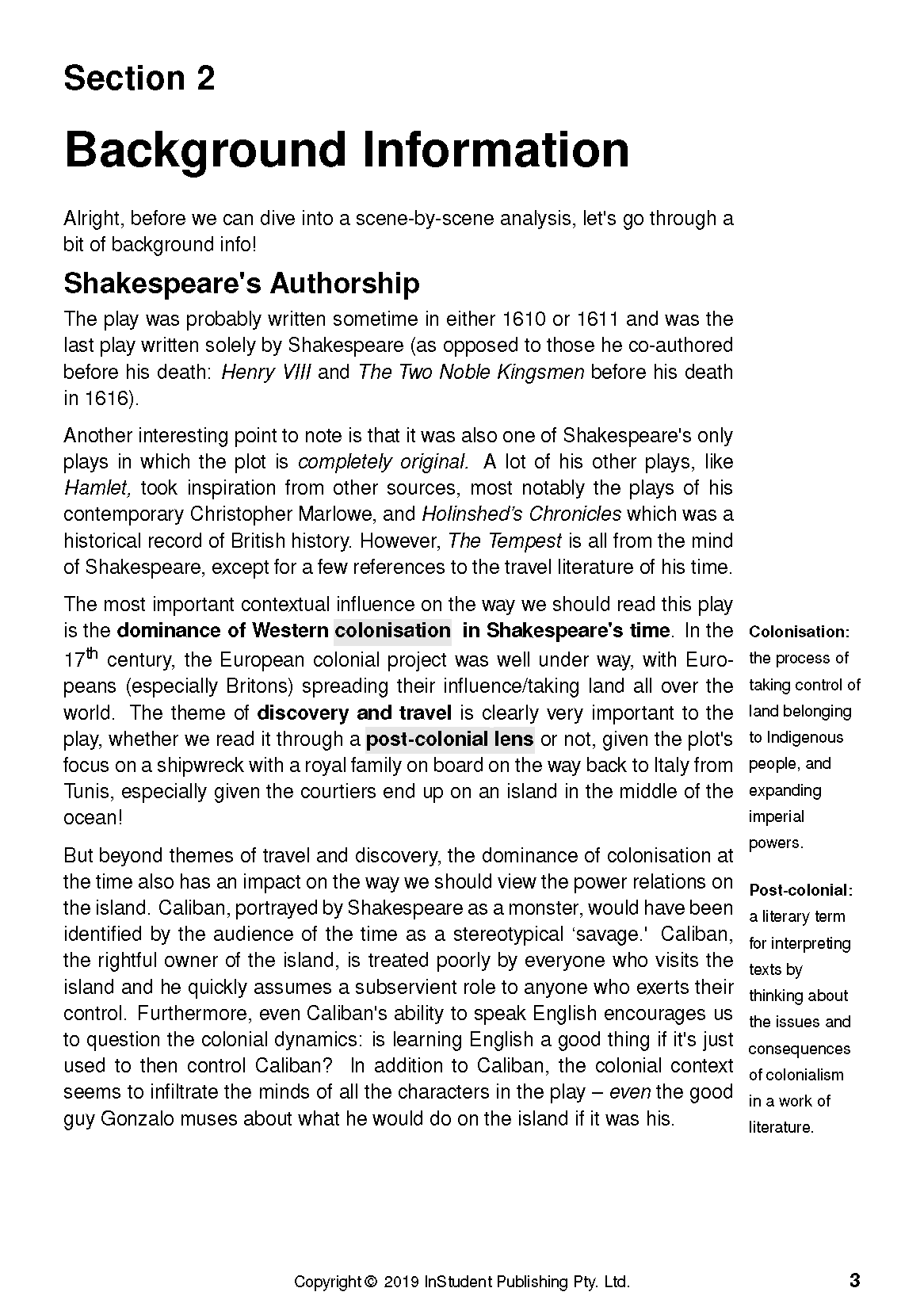 Text Guide page for 'The Tempest' by William Shakespeare, showing a 'Background Information' section with explanations and sidebar definitions for 'Colonisation' and 'Post-colonial'.