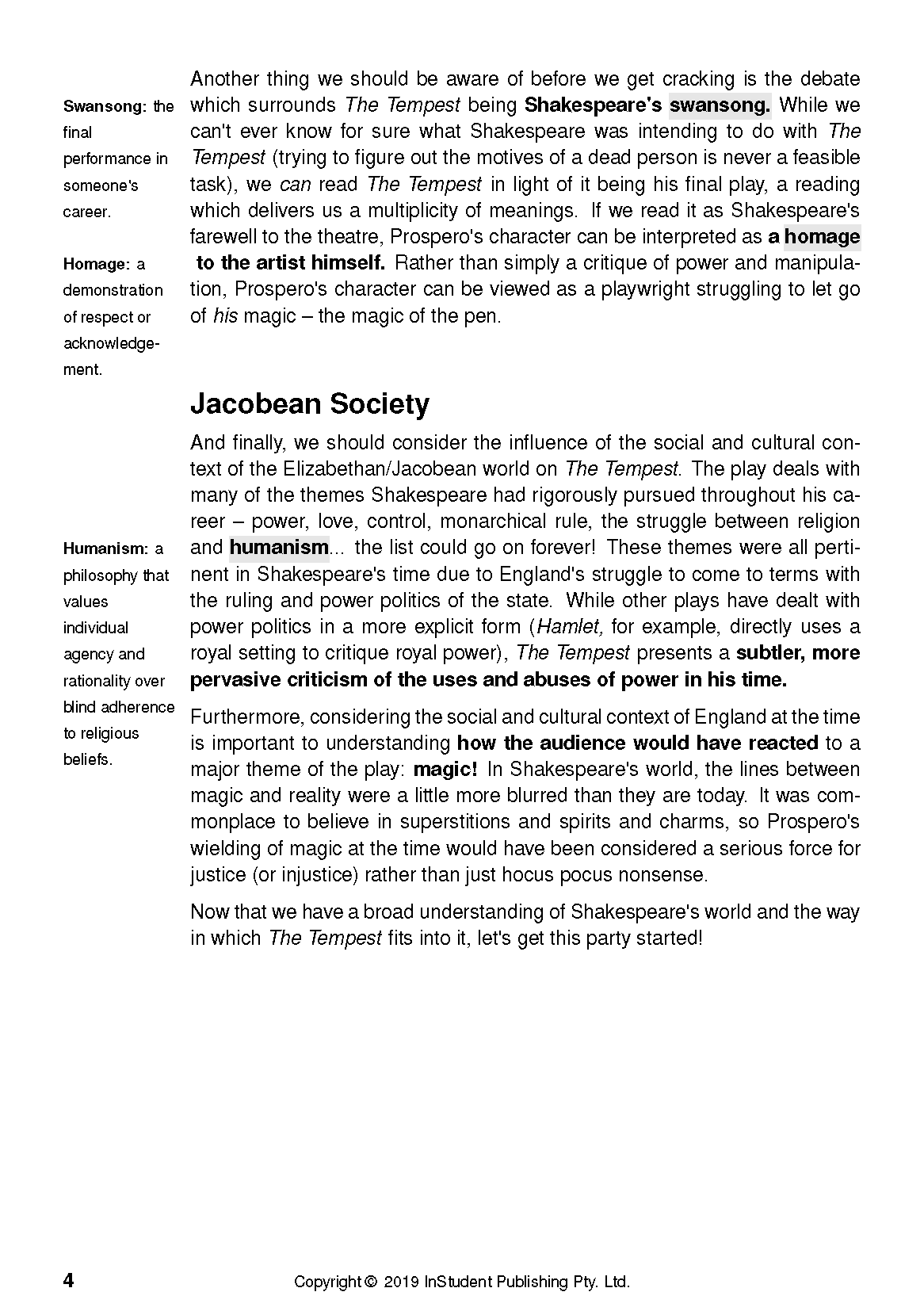 A page from a Text Guide for The Tempest, featuring black text on Jacobian Society and literary terms.