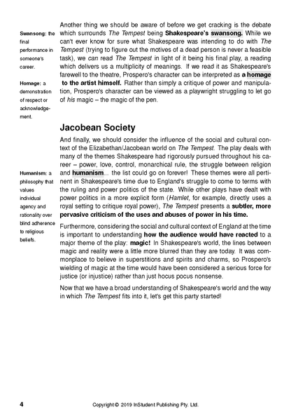 A page from a Text Guide for The Tempest, featuring black text on Jacobian Society and literary terms.