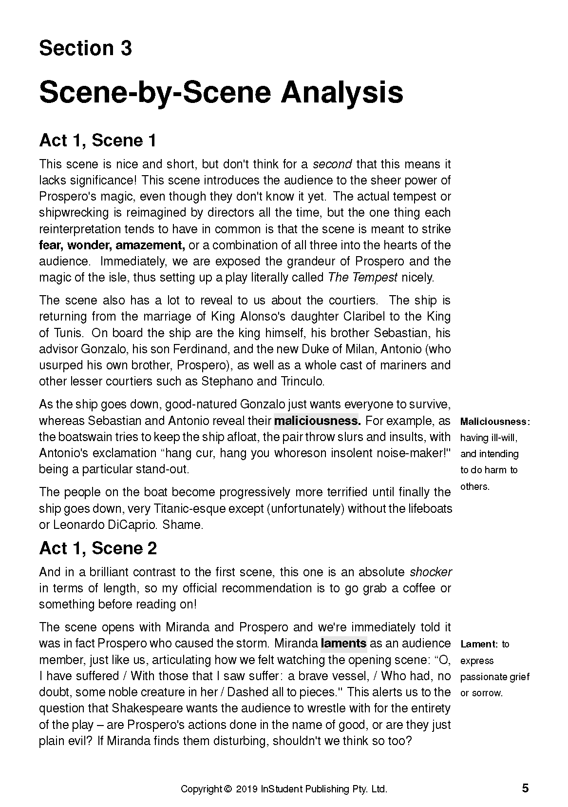 Text Guide page with black text on a white background, showing Scene-by-Scene Analysis for Act 1, Scenes 1 and 2, with bolded terms.