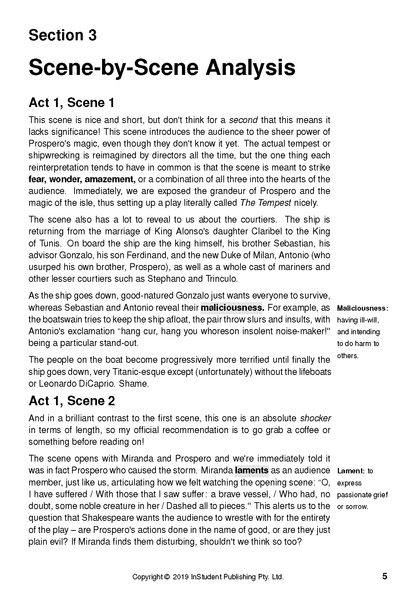 Text Guide page with black text on a white background, showing Scene-by-Scene Analysis for Act 1, Scenes 1 and 2, with bolded terms.