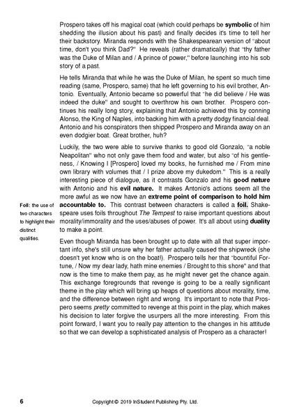Educational text guide for The Tempest with black text on a white page, detailing character analysis and themes.