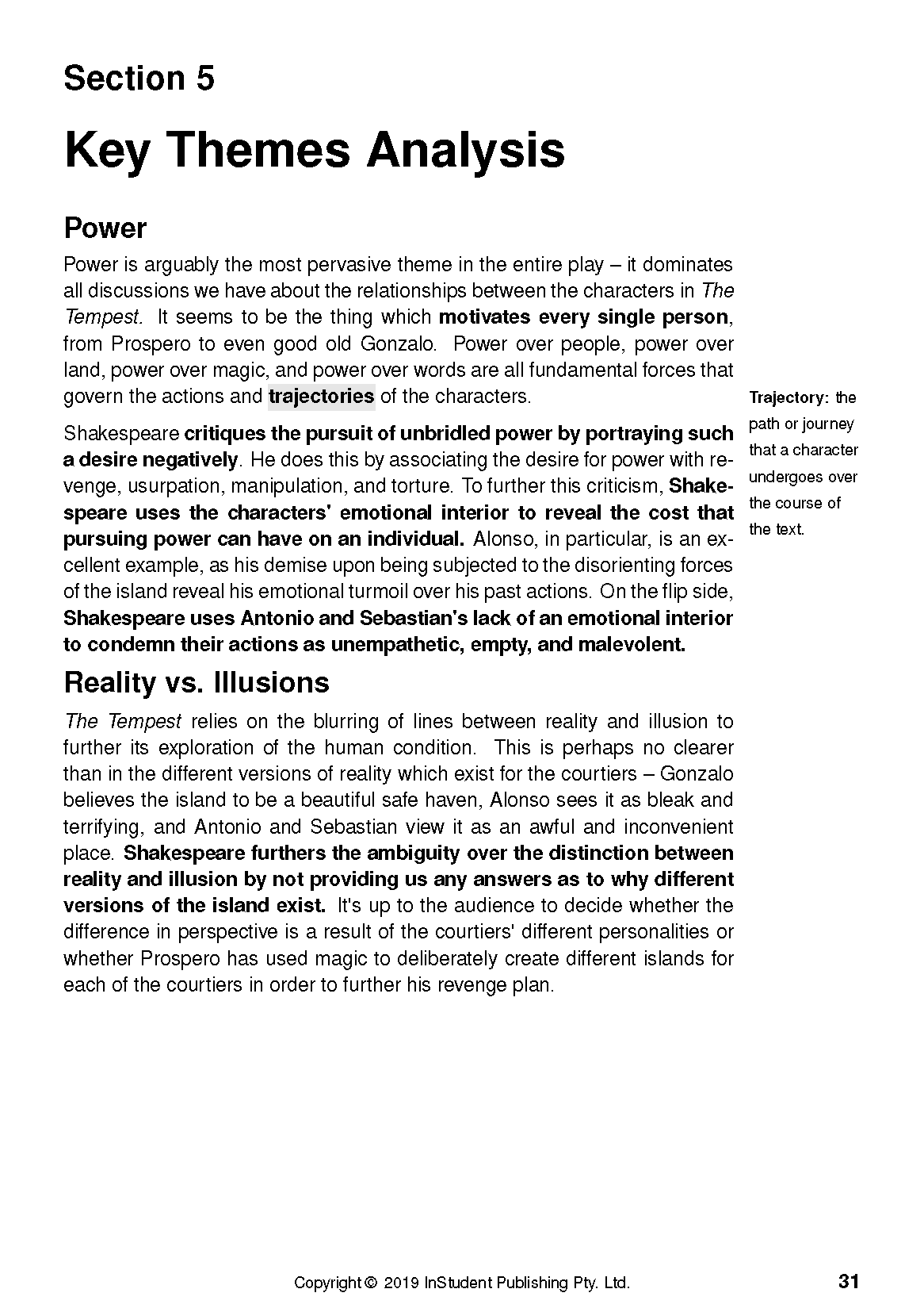Text Guide page displaying sections on Key Themes Analysis, Power, and Reality vs. Illusions, with black text on white paper.