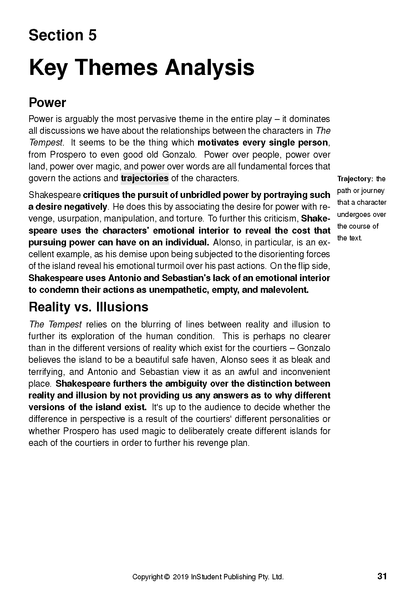 Text Guide page displaying sections on Key Themes Analysis, Power, and Reality vs. Illusions, with black text on white paper.