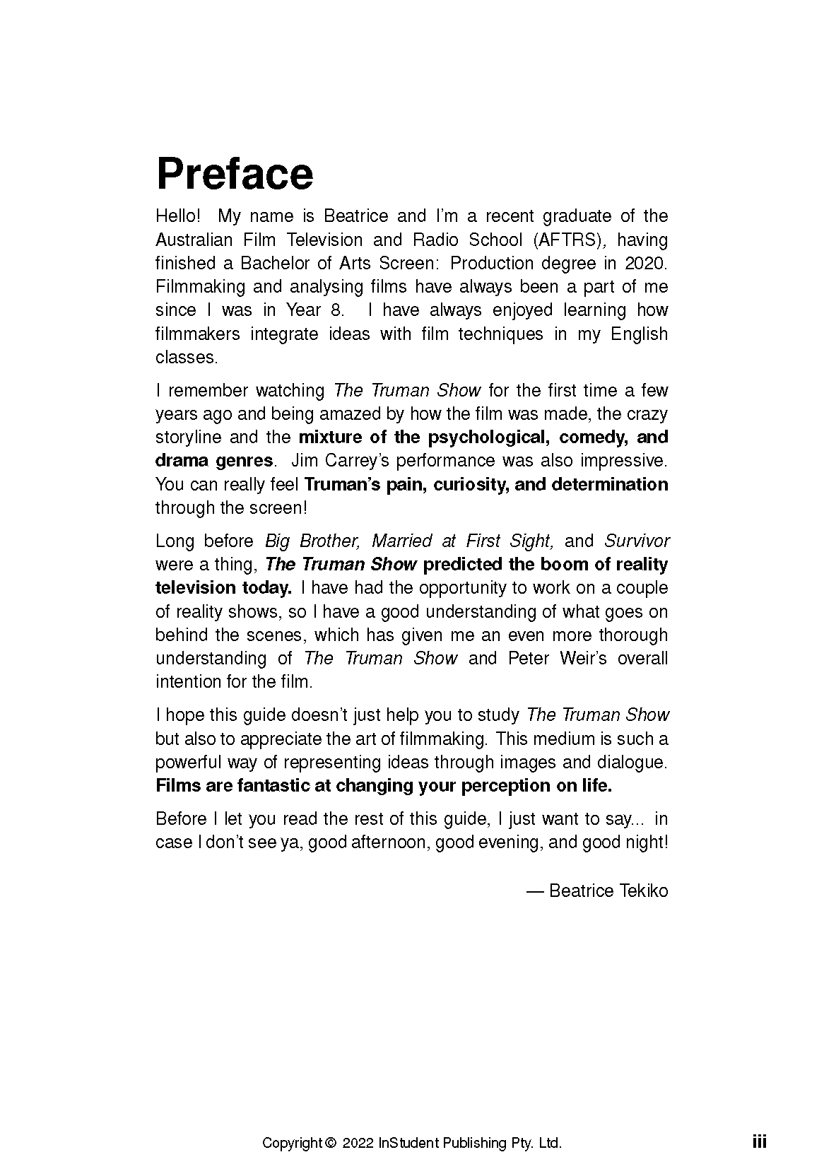Page from a Text Guide about The Truman Show by Peter Weir from InStudent Publishing, displaying the 'Preface' section with black text.