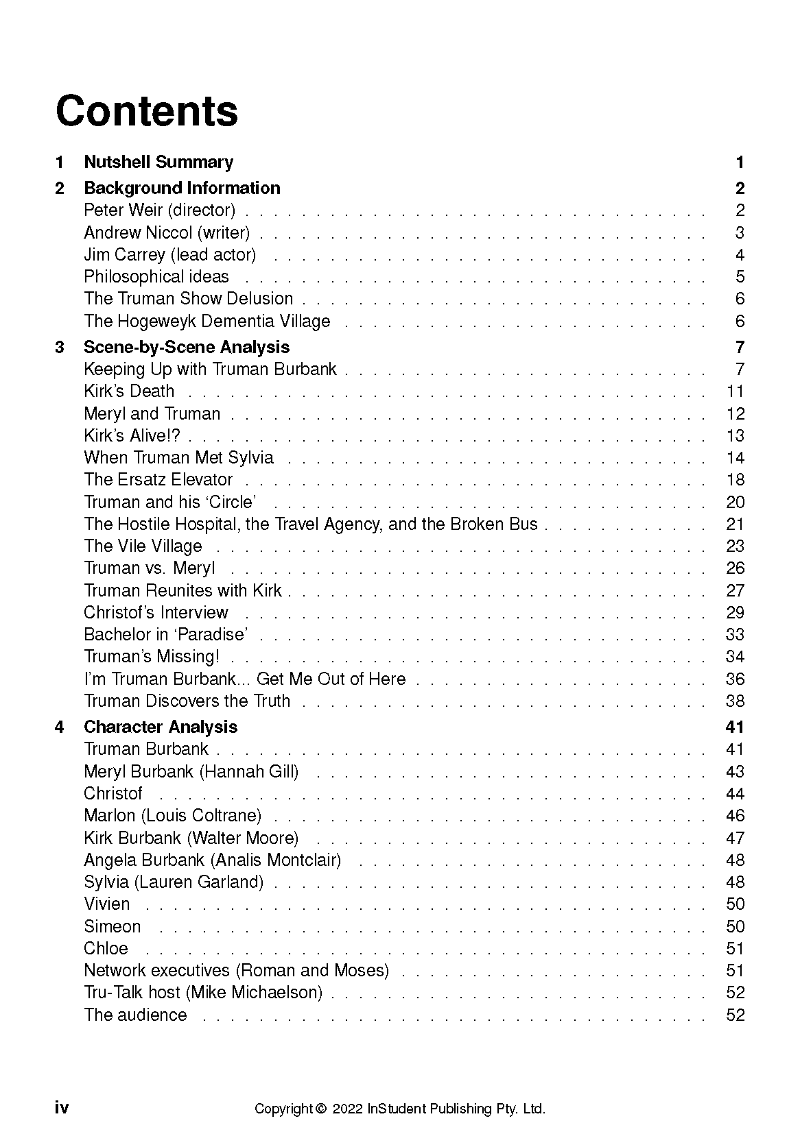 Text guide with a detailed contents page listing sections like 'Nutshell Summary' and 'Scene-by-Scene Analysis' with page numbers.