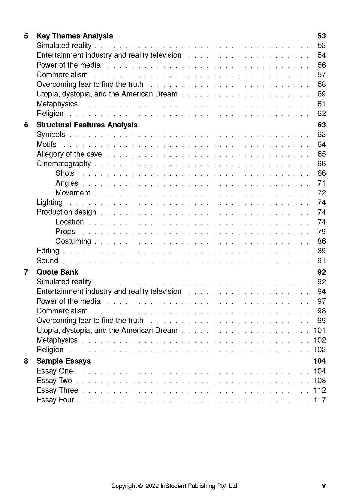 Text Guide with detailed table of contents by InStudent Publishing, showing chapters for analysis and essays.