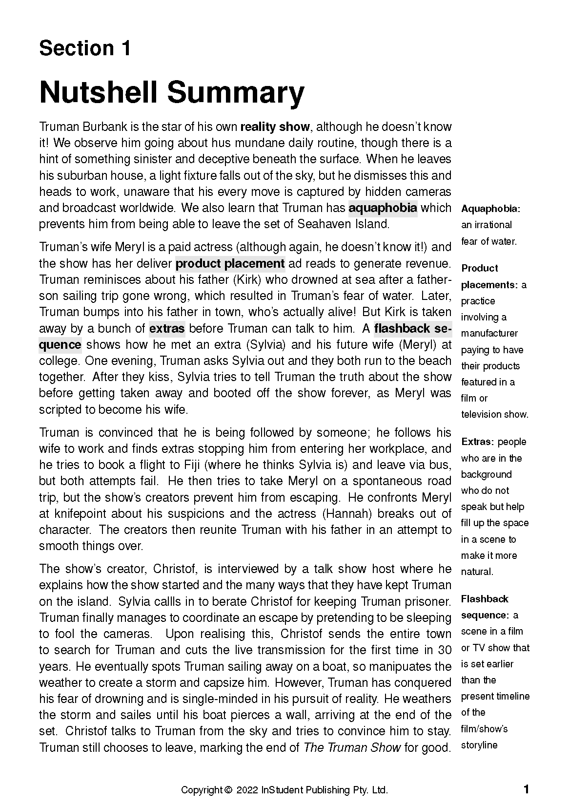 Text Guide: The Truman Show by Peter Weir, showing a Nutshell Summary with definitions in a sidebar on a white page.