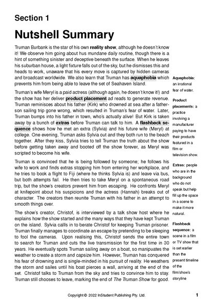 Text Guide: The Truman Show by Peter Weir, showing a Nutshell Summary with definitions in a sidebar on a white page.