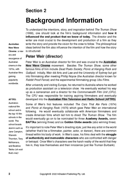 Text guide page with background information on Peter Weir's film The Truman Show, listing his works and awards.