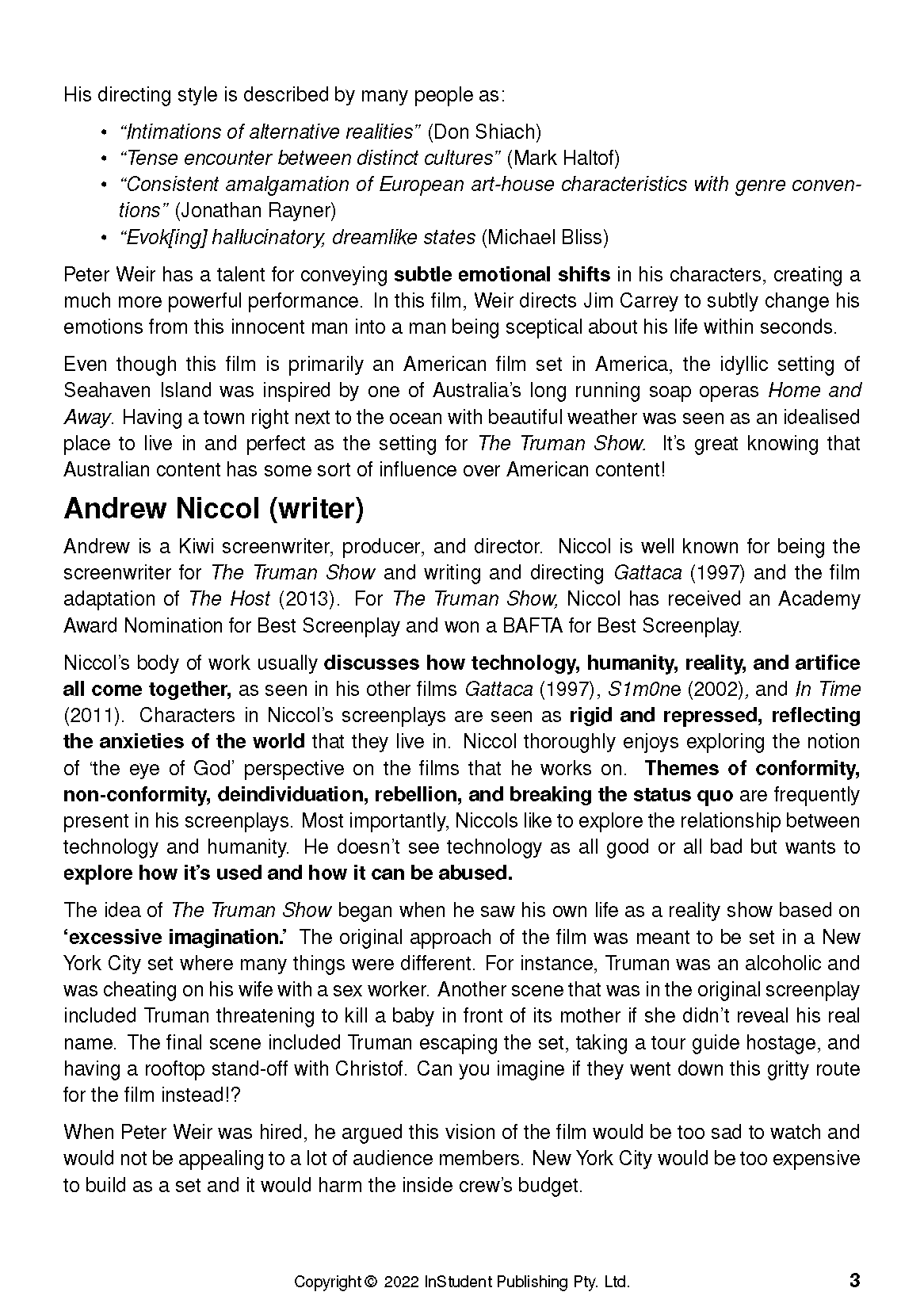 Text guide page about Peter Weir's directing style for The Truman Show, with content about Andrew Niccol.