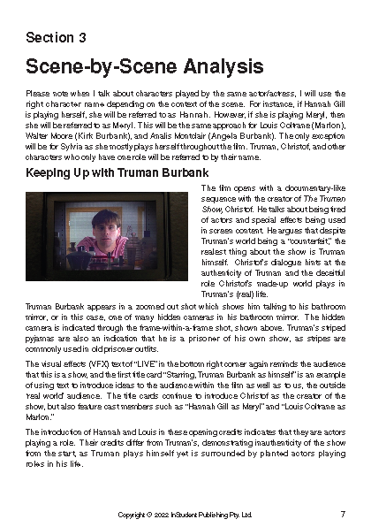Text Guide page for "The Truman Show" analysis, showing text and a still of Truman Burbank on a TV screen.