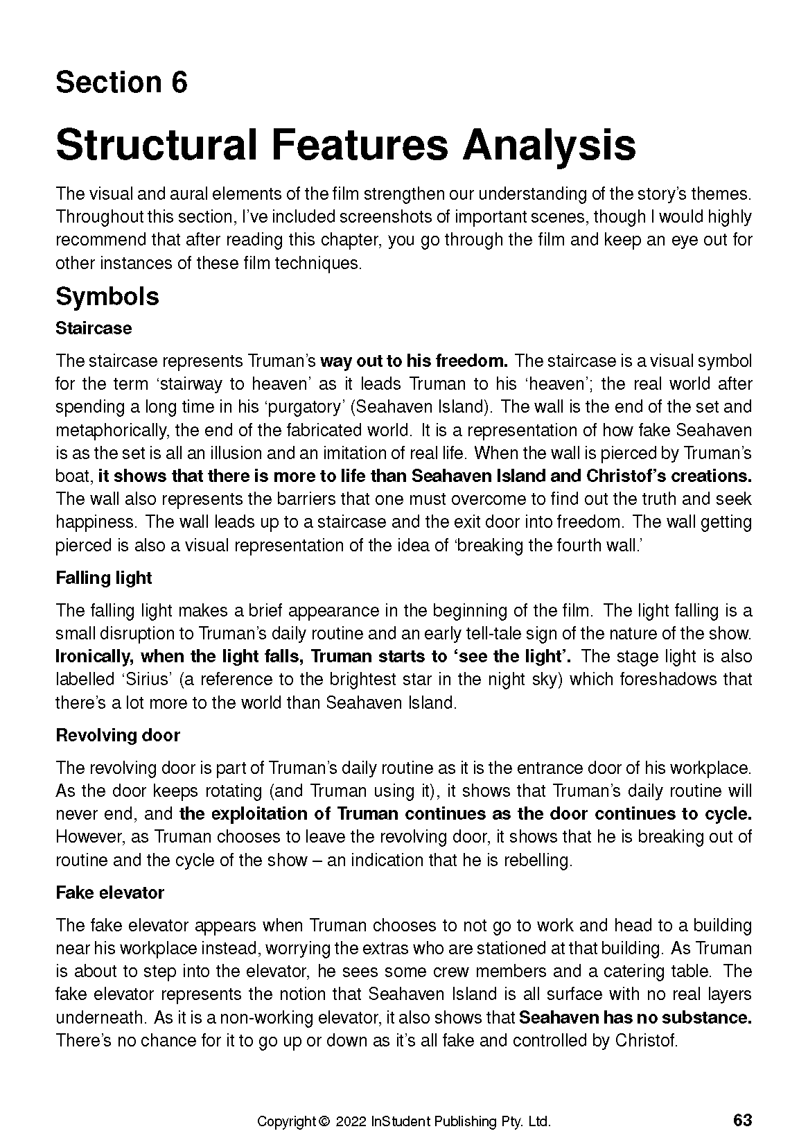 White page from a Text Guide featuring black text detailing 'Structural Features Analysis' for 'The Truman Show'.