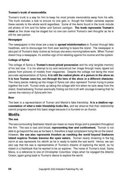 Text Guide page with black text on a white background discussing themes from The Truman Show, including memorabilia, Sylvia, and sea motifs.