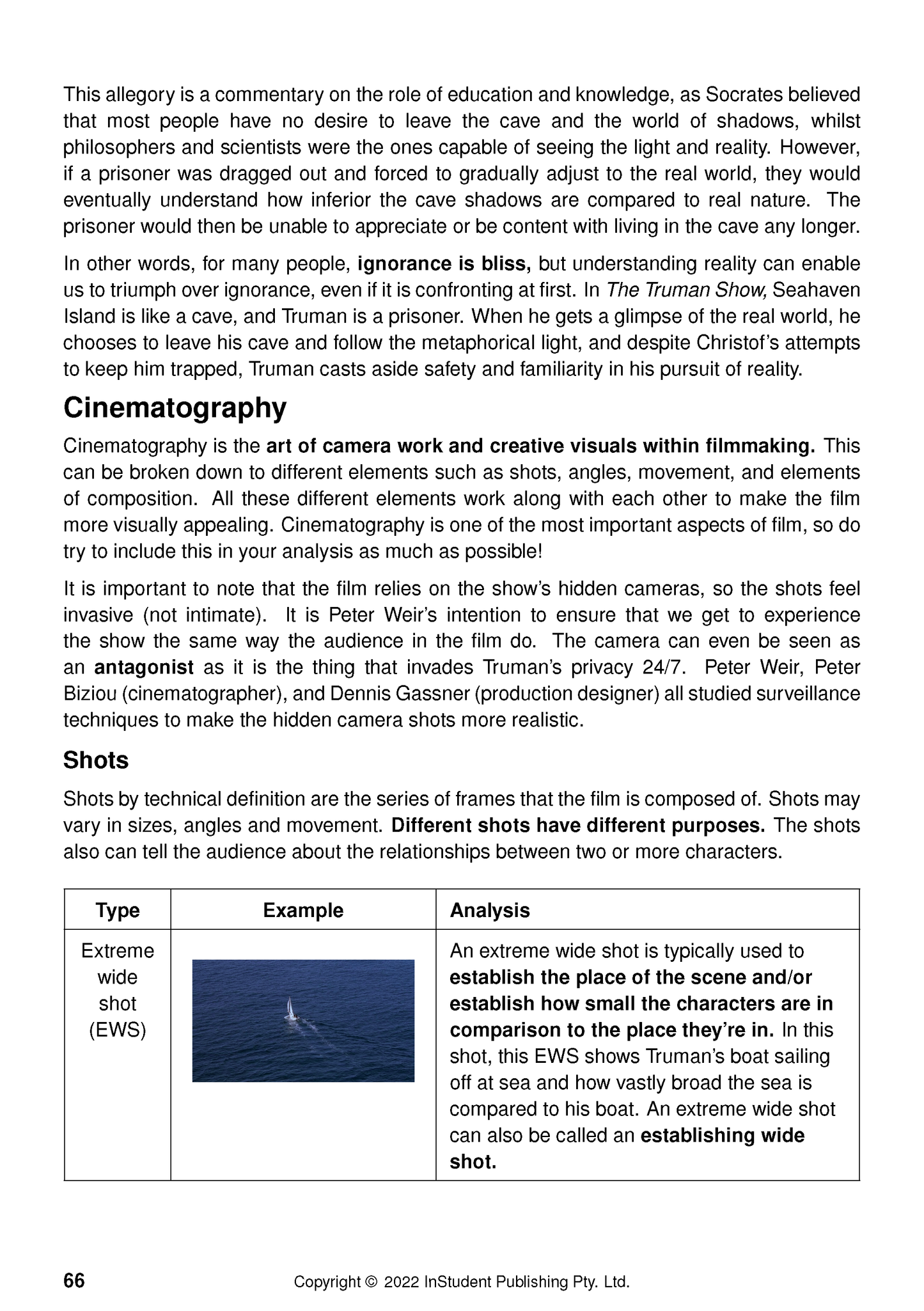 Text guide page by Peter Weir, featuring black text on white, with cinematography sections and a sailboat image.