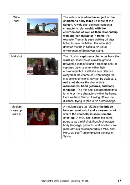 Text guide on film analysis, showing a page with examples of wide, mid, and medium close-up shots from The Truman Show.