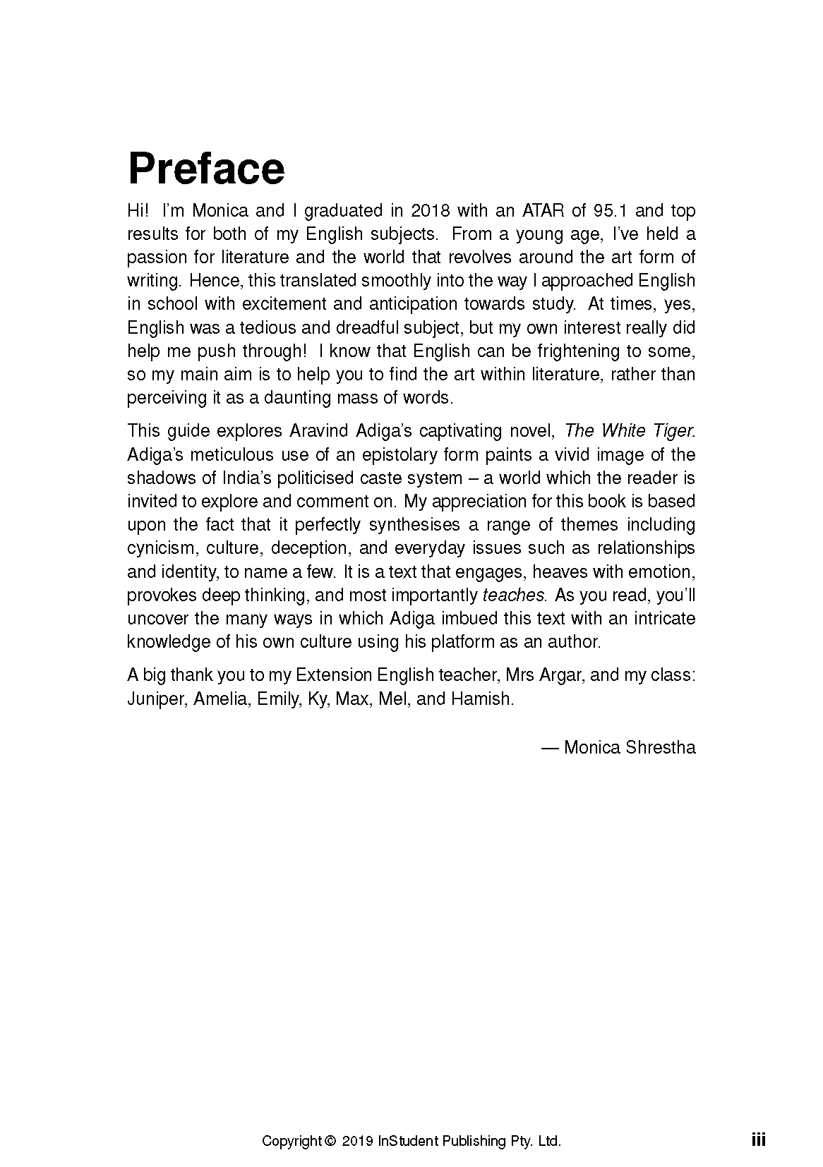 Text Guide for The White Tiger by Aravind Adiga from InStudent Publishing Pty. Ltd., displaying a 'Preface' page with black text.