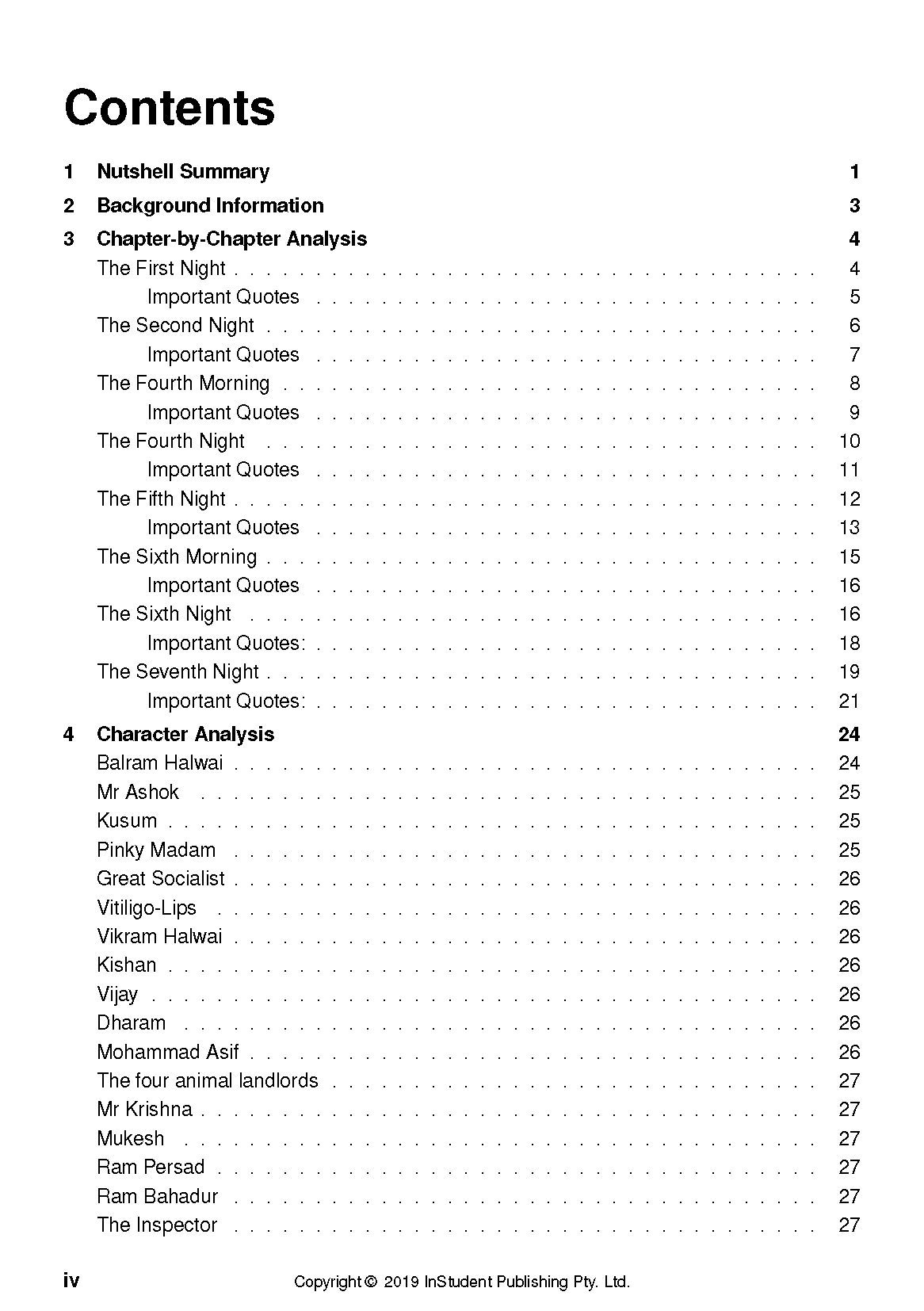 Text guide for The White Tiger by InStudent Publishing Pty. Ltd., showing a table of contents page with chapter and character analysis.