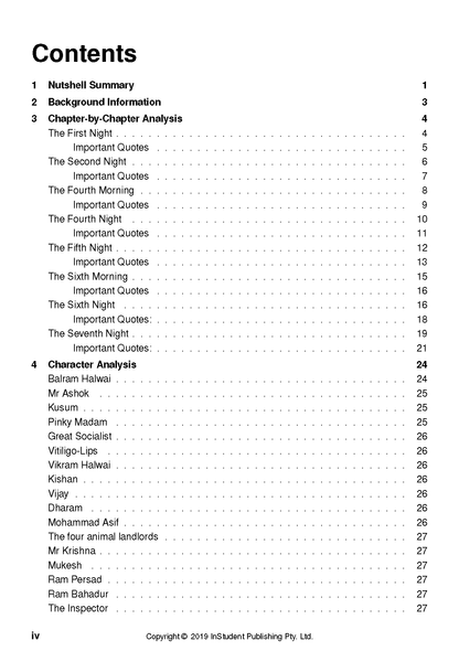 Text guide for The White Tiger by InStudent Publishing Pty. Ltd., showing a table of contents page with chapter and character analysis.