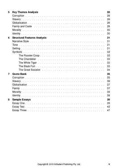 Text Guide to The White Tiger by Aravind Adiga, featuring a table of contents with analysis, quotes, and sample essays.