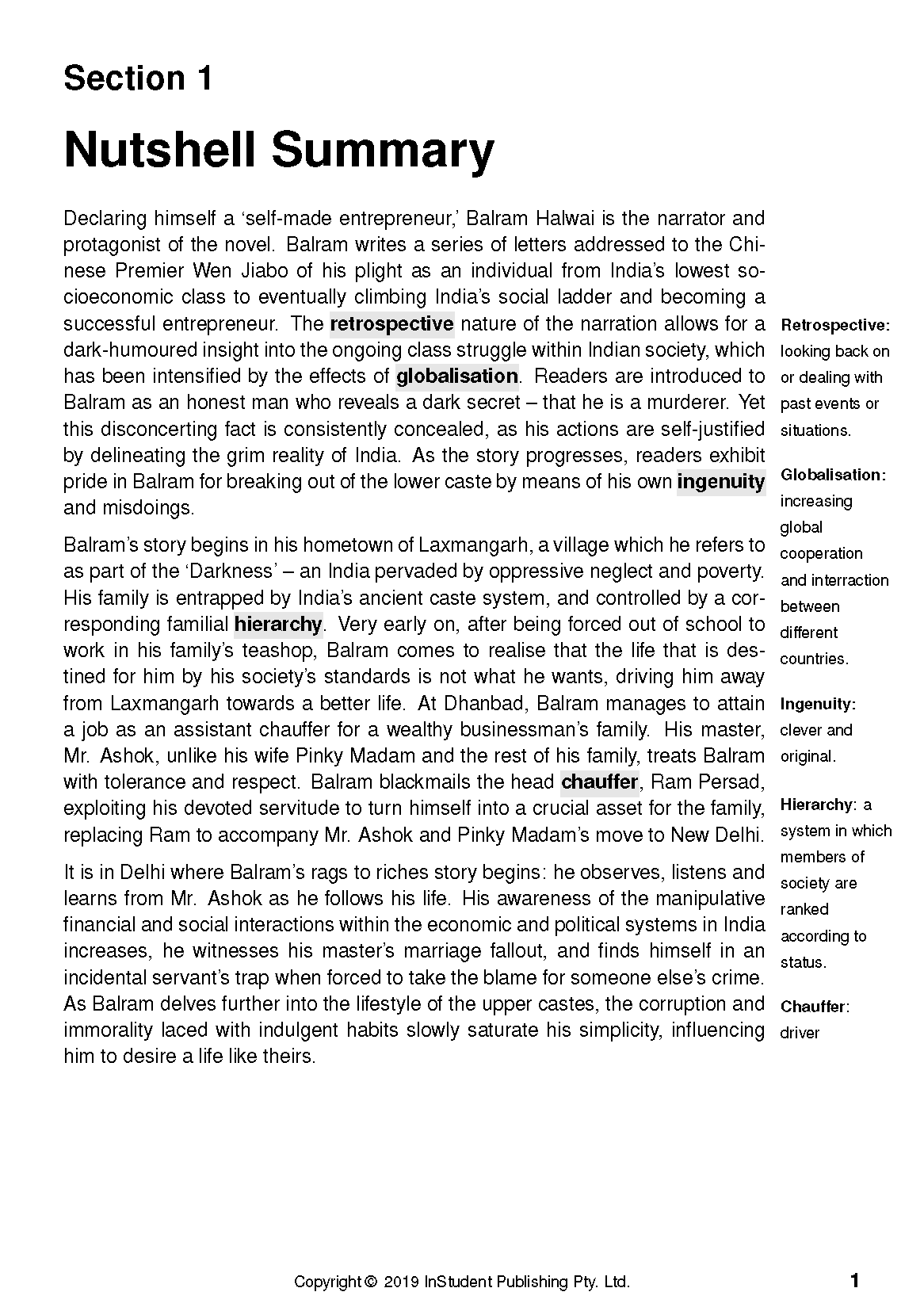 Text Guide summary page by InStudent Publishing for The White Tiger, with bolded terms and definitions.