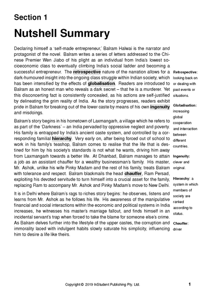 Text Guide summary page by InStudent Publishing for The White Tiger, with bolded terms and definitions.