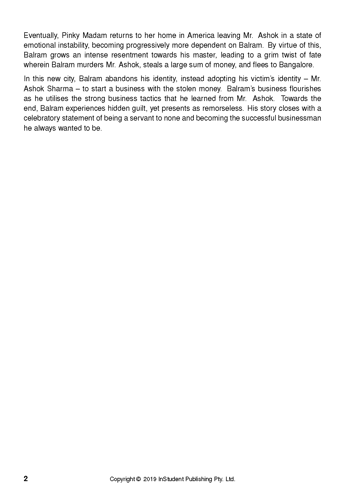 Text Guide for The White Tiger with black plot summary text on a white page, showing a page number and copyright.
