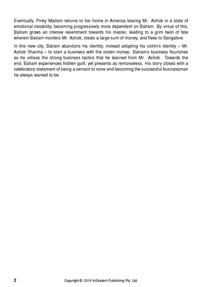 Text Guide for The White Tiger with black plot summary text on a white page, showing a page number and copyright.