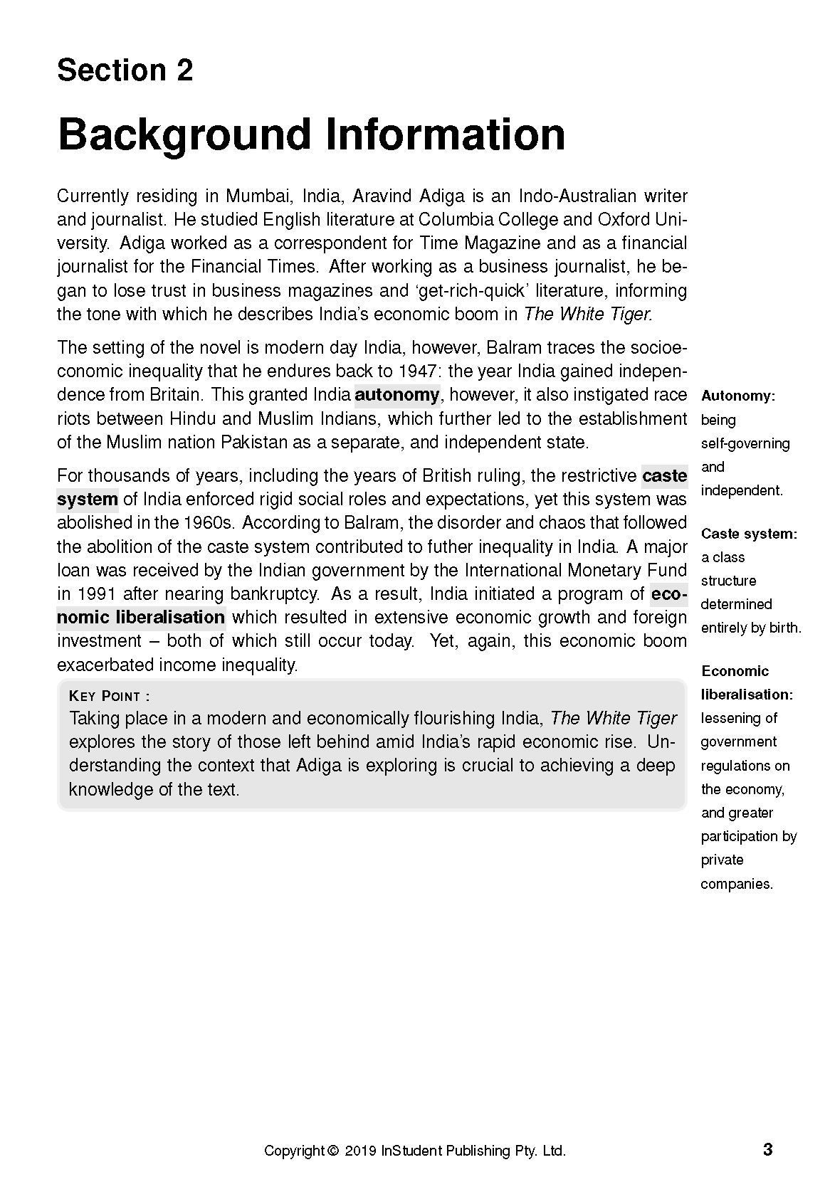 Text Guide page showing "Background Information" section with highlighted definitions and a Key Point.