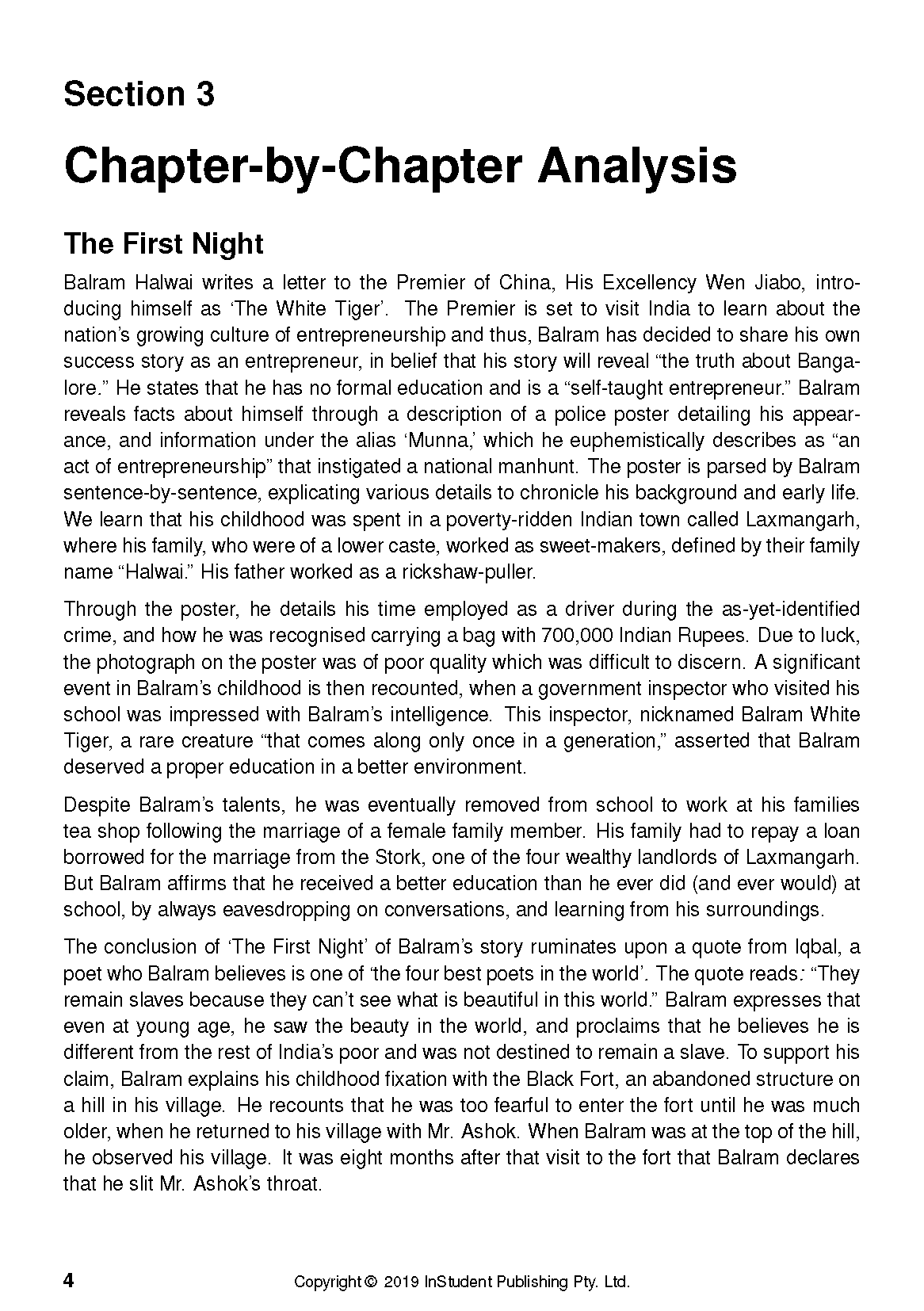 Open Text Guide by InStudent Publishing Pty. Ltd. displaying black text chapter analysis for "The First Night" on a white page.