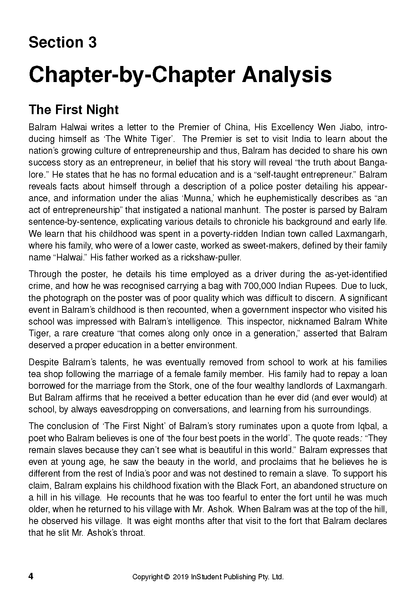 Open Text Guide by InStudent Publishing Pty. Ltd. displaying black text chapter analysis for "The First Night" on a white page.