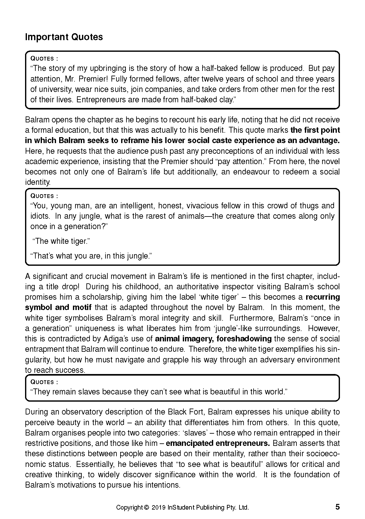 White text guide page by InStudent Publishing Pty. Ltd. displaying an "Important Quotes" heading, educational content, and page number 5.