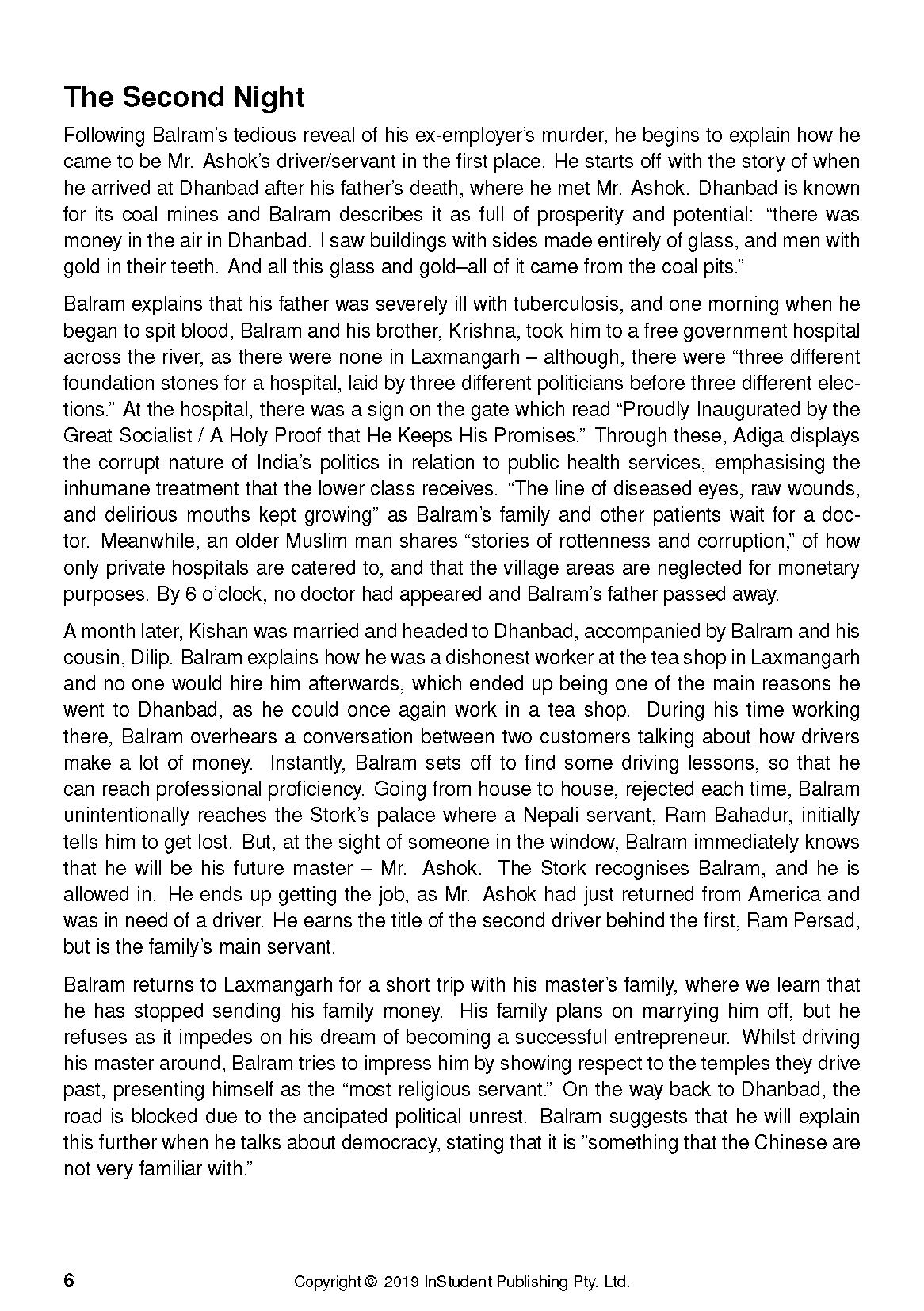Page from a text guide for The White Tiger, showing black text on a white background with the heading 'The Second Night'.