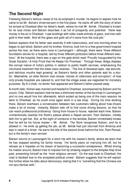 Page from a text guide for The White Tiger, showing black text on a white background with the heading 'The Second Night'.