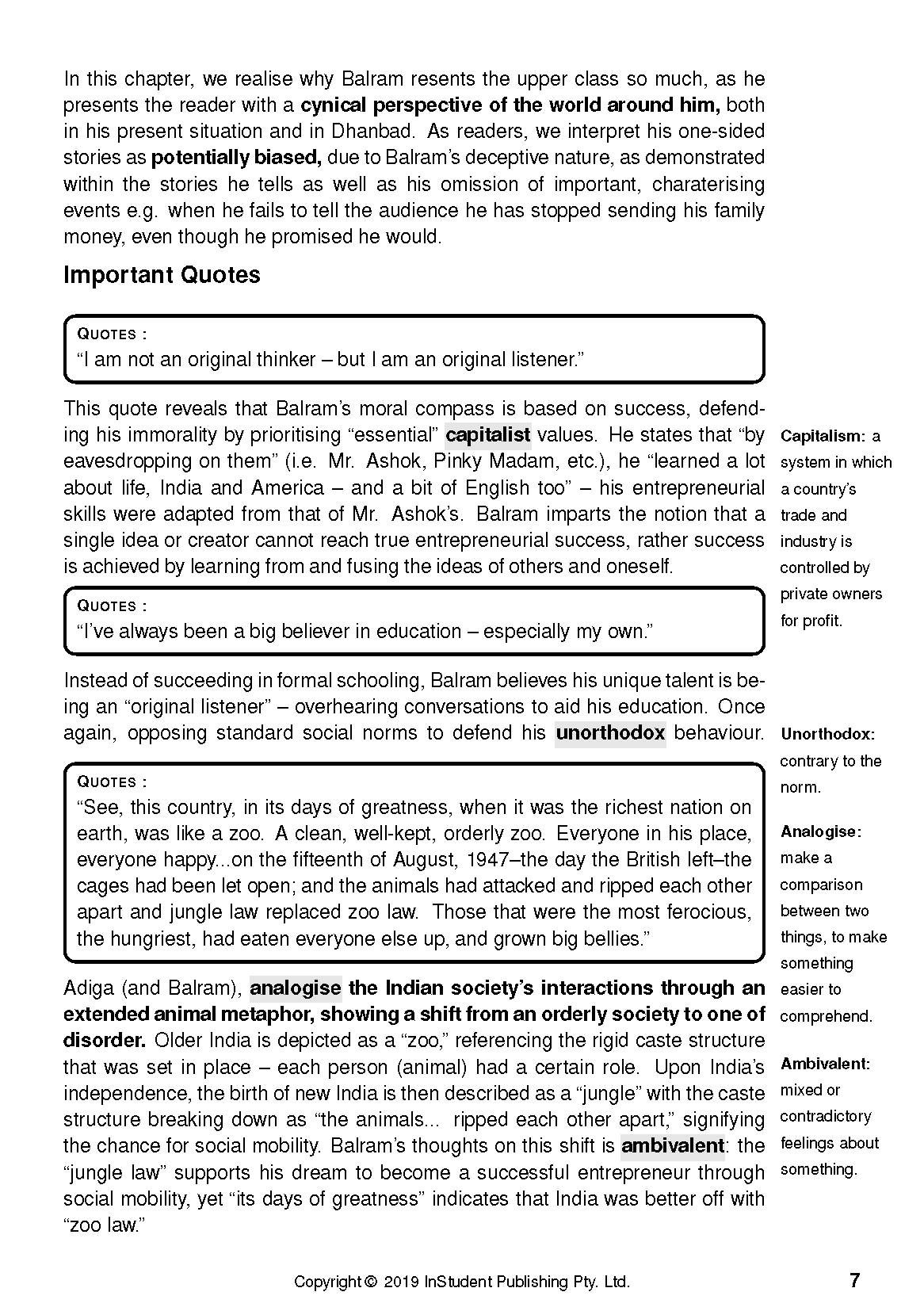 Text Guide on white paper with black text, featuring analysis of 'The White Tiger' novel, quotes, and definitions.