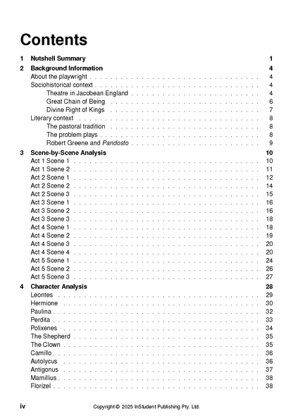 Text guide contents page by ATAR Notes, showing sections like Nutshell Summary and Character Analysis for The Winter's Tale.