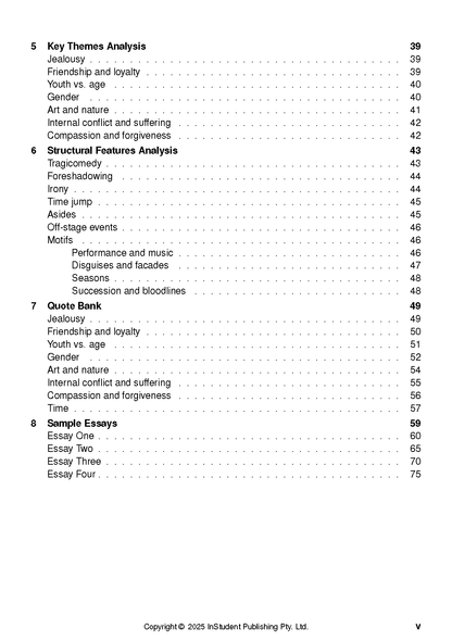 Text Guide by ATAR Notes showing a white page with a table of contents listing analytical sections and page numbers.