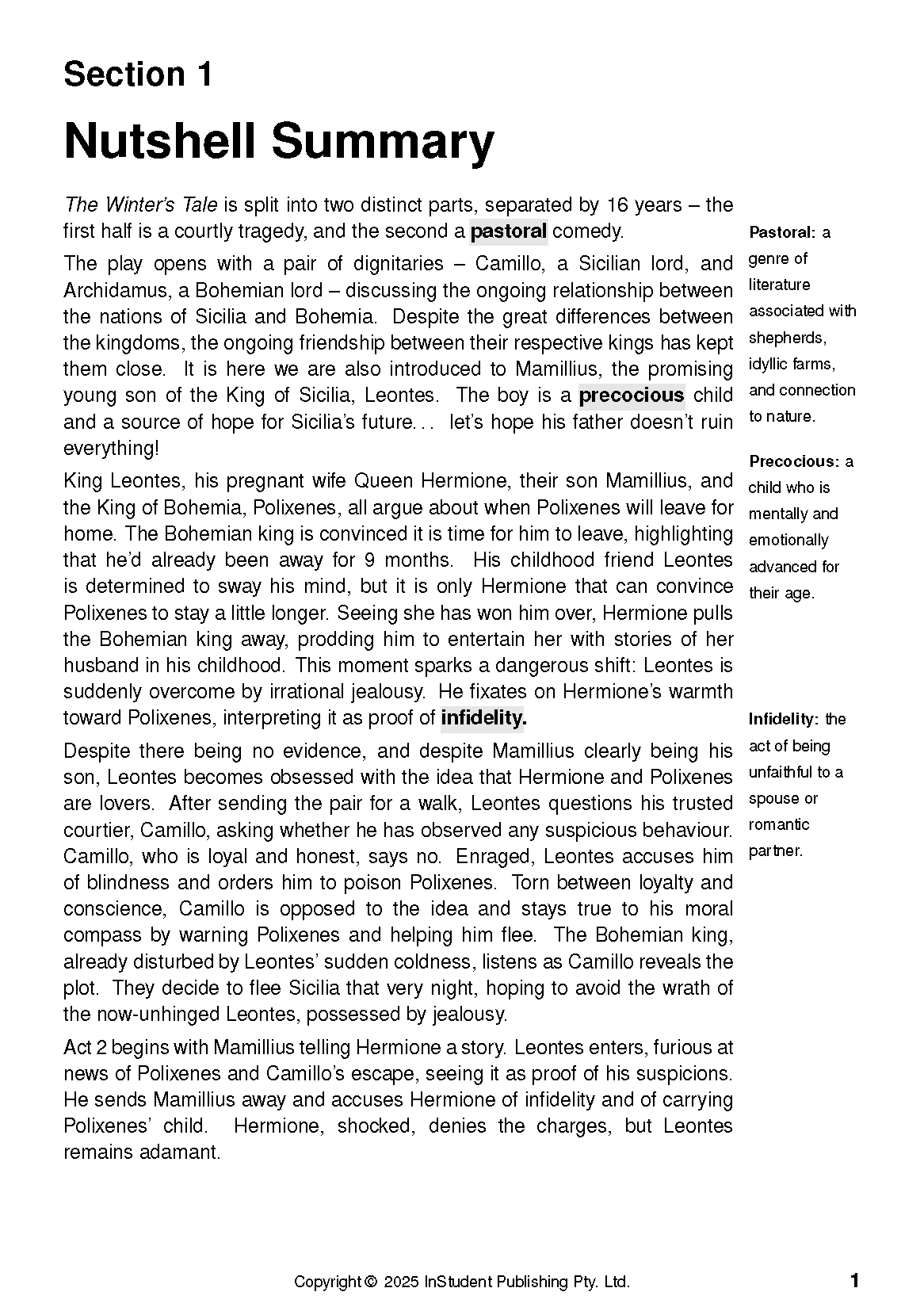 Text Guide for The Winter's Tale by ATAR Notes featuring a summary page with highlighted terms and definitions.
