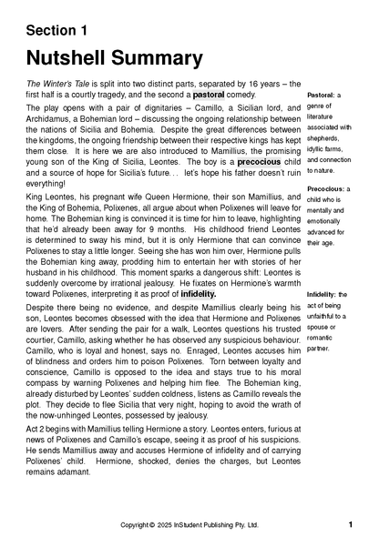 Text Guide for The Winter's Tale by ATAR Notes featuring a summary page with highlighted terms and definitions.